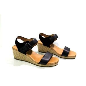 UGG Eisley Wedge Sandals Espadrilles Black Leather Ankle Strap Size 6.5 Women